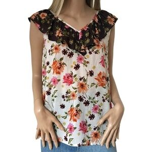 Nordstrom DR2 Rayon Top Shirt Blouse Ruffles Fluttery Floral Keyhole Tie Bow